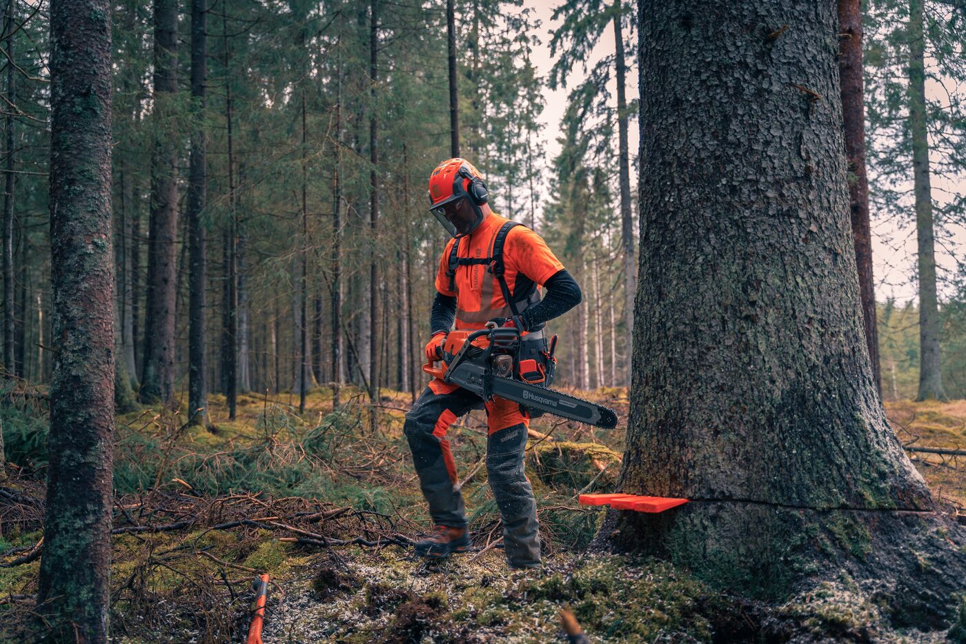 Práca s reťazovou pílou Husqvarna v lese